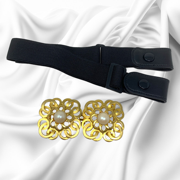 Vintage 1980s Mimi D N 2 Piece Belt Buckle Filigree Faux Pearl Gold Tone + Belt main image 4